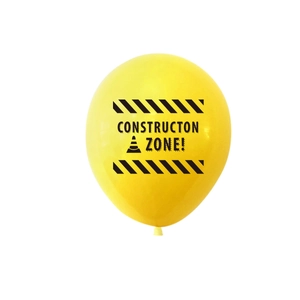 Yellow latex construction zone party balloon with black traffic cone and warning stripes