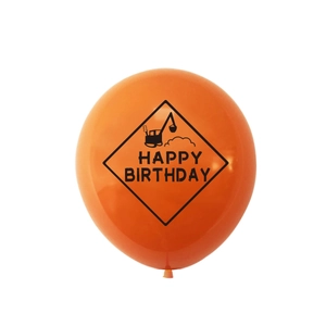 Orange latex balloon with black excavator design and Happy Birthday message for parties