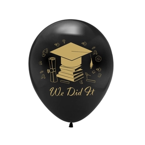 Graduation party latex balloon with gold We Did It text and academic icons on black background