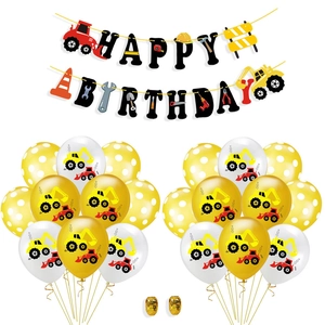 Construction vehicle birthday party kit with Happy Birthday banner and themed balloons