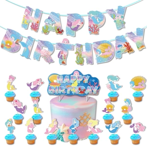 Kit déco anniversaire sirène avec bannière Happy Birthday et pics pour gâteaux