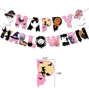Pink Happy Halloween banner set with ghosts and pumpkins including size dimensions