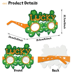 St. Patrick's Day paper shamrock glasses featuring Lucky text and clover designs