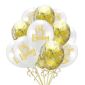 Oh Baby white and gold confetti balloon set with ribbons for baby shower party decoration