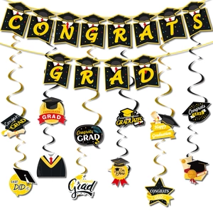 Congrats Grad Banner And Hanging Swirls Decorations Black Gold Red Graduation Cap Diploma For Graduation Party Supplies