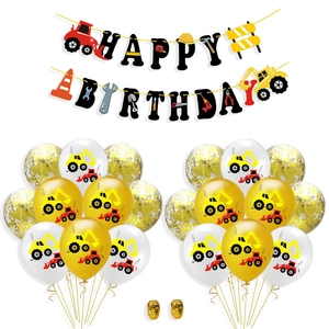 Construction party kit with Happy Birthday banner and yellow excavator themed balloons