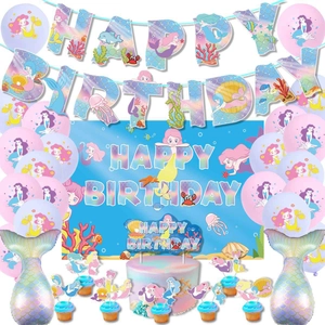 Kit déco anniversaire sirène avec bannière arrière-plan ballons et décorations de gâteau