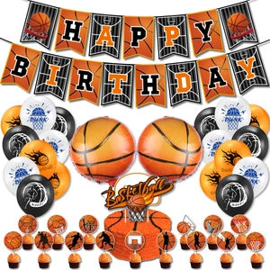 Ensemble de Décoration de Fête d'Anniversaire Thème Basket-ball Ballons en Latex Bannières en Carton Orange Noir Blanc