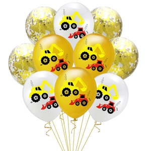 Construction theme balloons with excavator prints and gold confetti for boy's birthday party