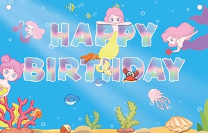 Toile de fond anniversaire sirène bleue avec créatures marines et texte Happy Birthday
