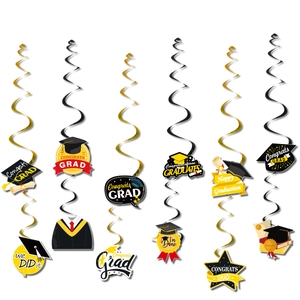 2026 graduation party hanging swirl decorations with black and gold foil and gift tags
