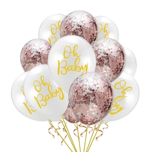 Oh Baby party balloon set with white printed latex and rose gold confetti balloons