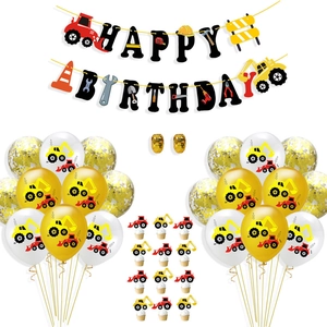 Construction party kit featuring Happy Birthday banner, dump truck balloons and cake toppers