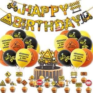 Construction Vehicle Theme Birthday Party Decoration Set Excavator Happy Birthday Banner Cake Toppers Latex Balloons For Boys Kids Party Supplies
