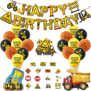Décorations de Fête d'Anniversaire Véhicule de Chantier Bannière Pelleteuse Cake Topper Ballons en Latex Film d'Aluminium Fournitures de Fête Thème Jaune Orange Noir
