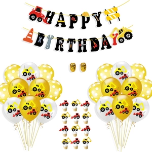 Construction party kit with Happy Birthday banner, dump truck balloons and cake toppers