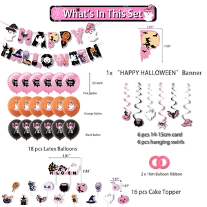 Pink Halloween decoration kit including banners, balloons, swirls and cake toppers