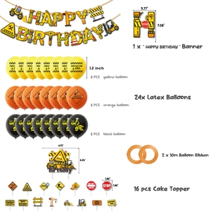 Construction party kit with excavator banner, colorful balloons and cake toppers