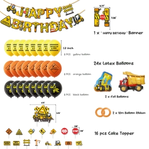 Kit fête de chantier avec bannière Happy Birthday, ballons et décorations de gâteau