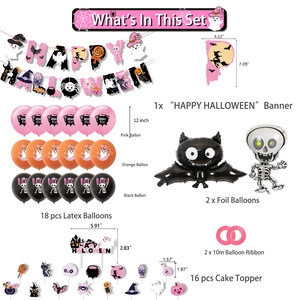 Pink Halloween party set detail showing banner dimensions and balloon quantities