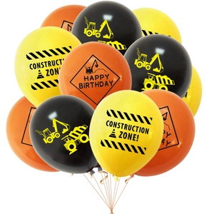Construction party balloons kit with excavator prints in black, orange, and yellow