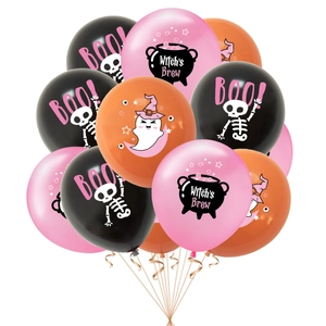 Pink and orange Halloween balloon set with skulls, ghosts, and Witch's Brew designs