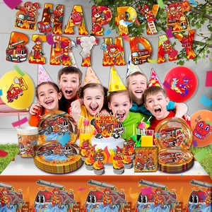 Set d'anniversaire pompier avec bannière, ballons et vaisselle pour enfants