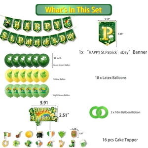 Detailed checklist for St. Patrick's Day party set with banner, balloons and cake toppers