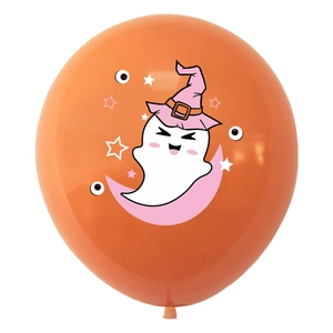 Detail of orange Halloween latex balloon with white ghost and pink moon printed pattern