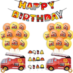 Complete fire truck theme birthday party kit with balloons, banners and decorations