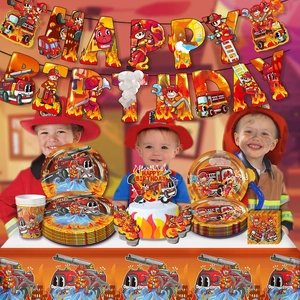 Kit fête anniversaire pompier avec bannières, assiettes, serviettes et décor de gâteau