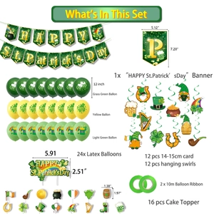 Detail of St. Patrick's Day party set with shamrock balloons, banner and cake toppers