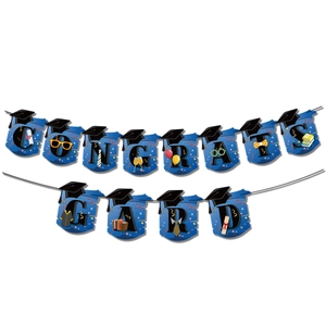 Blue Congrats Grad graduation party banner with mortarboard icons and scholarly illustrations