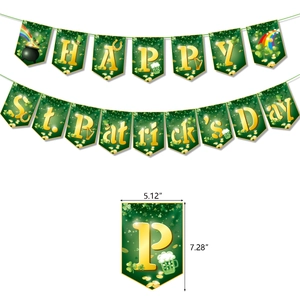 Detailed size view of St. Patrick's Day banner featuring green shamrock and gold lettering