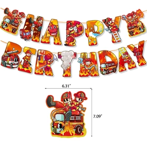 Banderole joyeux anniversaire thème pompier avec décorations de camion de pompiers rouge