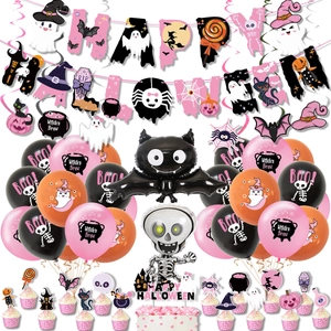 Pink Halloween Party Decoration Set With Skull Balloons Pumpkin Banner Cake Toppers For Halloween Event Party Supplies