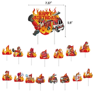 Kit décoration gâteau anniversaire pompier avec panneau HAPPY BIRTHDAY et 15 toppers