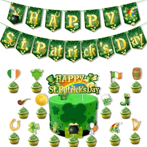 St. Patrick's Day party set with clover banners and themed cupcake toppers
