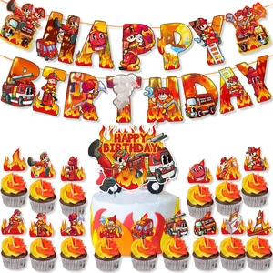 Décoration de fête pompier avec bannière joyeux anniversaire et cake toppers camion