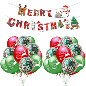 Detail of Merry Christmas banner with red and green reindeer balloons and confetti balloons