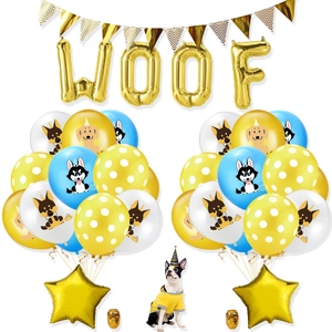 Détail du kit d'anniversaire pour chien avec ballons WOOF et motifs de chiots
