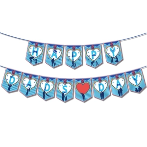 Close-up of Happy Dad's Day banner with blue stripes, red ties, and father-child silhouettes