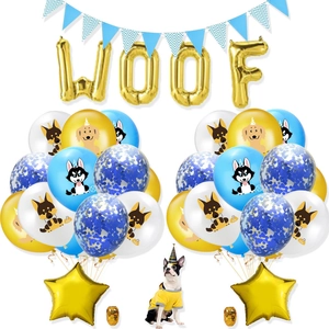 Kit déco d'anniversaire pour chien avec ballons WOOF dorés et ballons en latex bleus