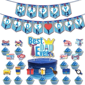 Father's Day party set with Happy Dad's Day banner, cake toppers and tie motifs
