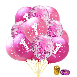 12-Zoll Rosa Konfetti Luftballon Set zum 1. Geburtstag mit Bändern für Baby-Party-Deko