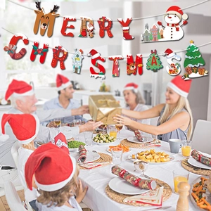 Merry Christmas Paper Banner Bunting Garland With Santa Claus Reindeer Snowman Print For Christmas Party Home Decor