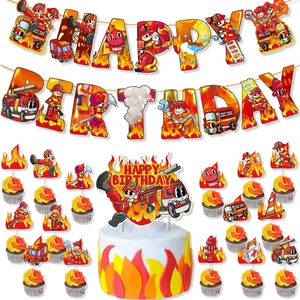 Camion de Pompiers Pompier Anniversaire Fête Décorations Papier Bannière Gâteau Topper Dessin Animé Pompier Thème Fête Fournitures Pour Enfants Garçons