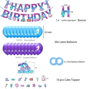 Meerjungfrau Party Dekoset mit Happy Birthday Banner, Kuchendeko und bunten Ballons