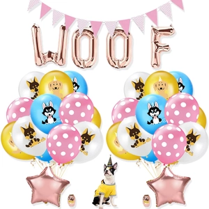 Kit fête chien avec ballons WOOF en aluminium, fanions et ballons en latex imprimés