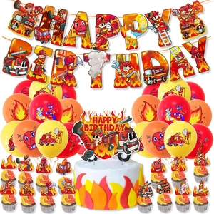 Décorations de fête de pompier avec bannières, ballons et garnitures de gâteau